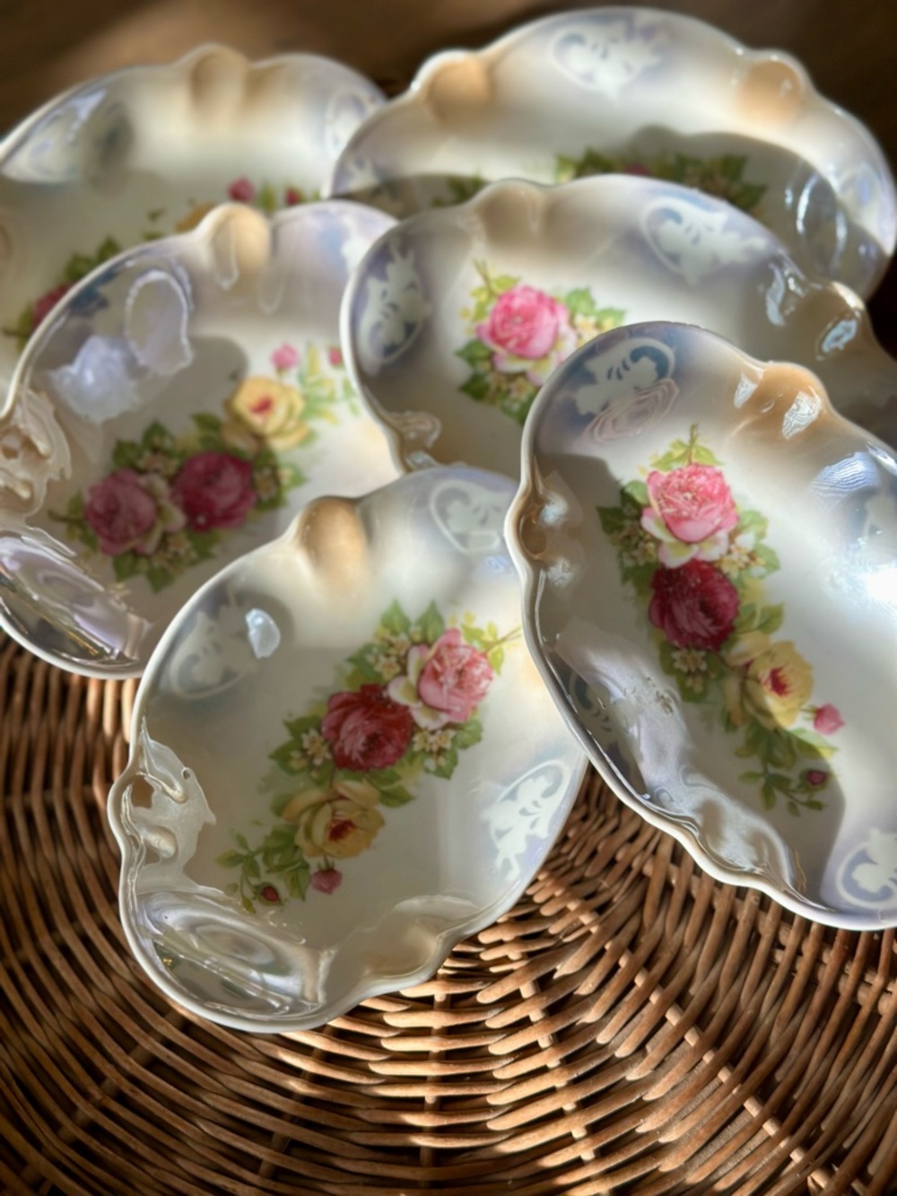 6 Vintage German Porcelain Trinket Dishes Roses Scalloped Vanity Bavarian Style